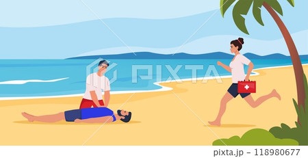 Beach lifeguard performs indirect heart massage to drowning man rescued from the water. Emergency drowning assistance situation. Cardio Pulmonary Resuscitation. Vector. 118980677