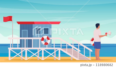 Lifeguard tower and professional beach lifeguard standing with lifebuoy and loudspeaker on the beach. Coast guard station in modern flat design. Vector illustration. Lifeguard tower and professional beach lifeguard standing with lifebuoy and loudspeaker on the beach. Coast guard station in modern flat design. Vector illustration. 118980682