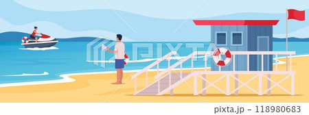 Lifeguard tower and professional beach lifeguard standing with lifebuoy and loudspeaker on the beach. Coast guard station in modern flat design. Vector illustration. Lifeguard tower and professional beach lifeguard standing with lifebuoy and loudspeaker on the beach. Coast guard station in modern flat design. Vector illustration. 118980683
