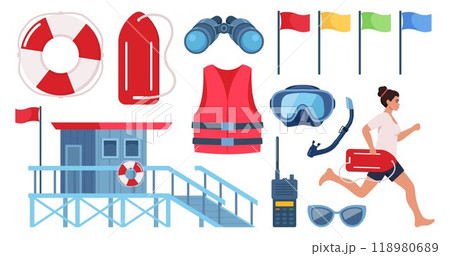 Beach lifeguards equipment set. Loudspeaker, sunglasses, lifebuoy, lifeguards tower, first aid kit, life rescue jacket, binoculars, whistle, stretcher. Vector illustration. Beach lifeguards equipment set. Loudspeaker, sunglasses, lifebuoy, lifeguards tower, first aid kit, life rescue jacket, binoculars, whistle, stretcher. Vector illustration. 118980689