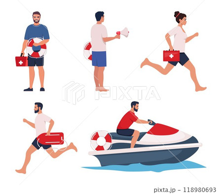 Professional beach lifeguards, set of characters. Rescue workers with lifebuoy and red medical first aid kit box. Rescuer patrols sea on jet ski. Security staff, safety on water worker. Vector. 118980693