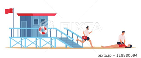 Beach lifeguard performs indirect heart massage to drowning woman rescued from the water. Lifeguard tower and professional beach lifeguard with first aid kit. Cardio Pulmonary Resuscitation. Vector. Beach lifeguard performs indirect heart massage to drowning woman rescued from the water. Lifeguard tower and professional beach lifeguard with first aid kit. Cardio Pulmonary Resuscitation. Vector. 118980694