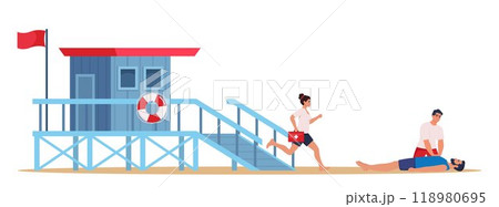 Beach lifeguard performs indirect heart massage to drowning woman rescued from the water. Lifeguard tower and professional beach lifeguard with first aid kit. Cardio Pulmonary Resuscitation. Vector. 118980695