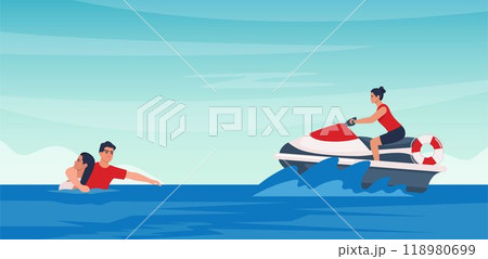Beach lifeguard saving unconscious woman drowning in water and another one drives water scooter rushing to help them. Emergency and rescue, safety at sea, first aid. Vector illustration. 118980699