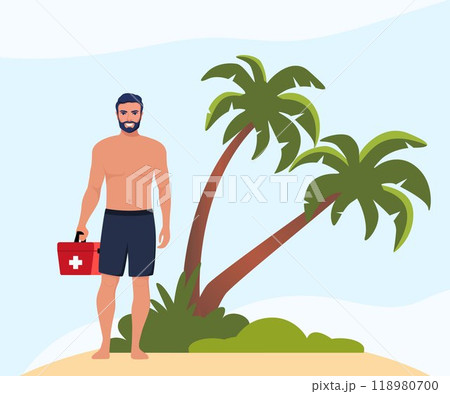 Professional beach lifeguard standing with red medical first aid kit box. Young man works in emergency aid on the beach. Security staff, safety on water worker. Vector illustration. 118980700