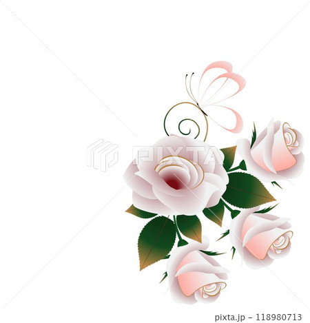 Floral background with tea roses, leaves and butterfly. 118980713