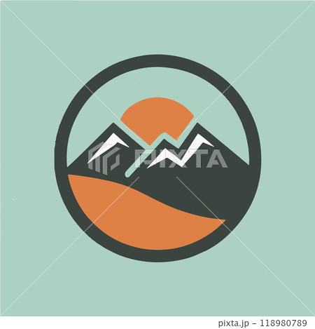 Minimalist round logo. Mountain logo design with mountain peak and sunrise. Vintage style illustration. 118980789