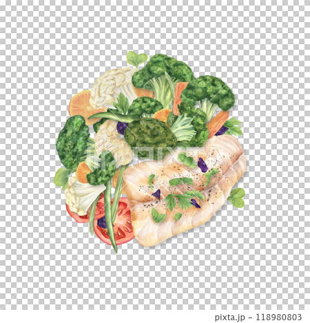 Steamed fish fillet and fresh vegetables, leafy greens dish watercolor illustration. Cod, broccoli, cauliflower, tomato, green beans and carrots composition for food design Steamed fish fillet and fresh vegetables, leafy greens dish watercolor illustration. Cod, broccoli, cauliflower, tomato, green beans and carrots composition for food design 118980803