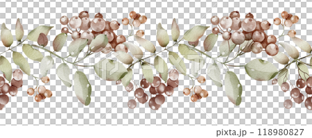 Berry Watercolor Seamless Border with branches rowanberry. Illustration of herbarium autumn Leaves for packaging tea, greeting cards or wedding invitations. Hand drawn herbal Botanical Pattern. Berry Watercolor Seamless Border with branches rowanberry. Illustration of herbarium autumn Leaves for packaging tea, greeting cards or wedding invitations. Hand drawn herbal Botanical Pattern. 118980827