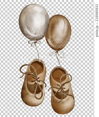 Baby shoes watercolor illustration. Hand drawn kid slippers on isolated background. Booties in brown colors. Mutch for childrens. Footwear for newborn party design. Cute accessory for card. Baby shoes watercolor illustration. Hand drawn kid slippers on isolated background. Booties in brown colors. Mutch for childrens. Footwear for newborn party design. Cute accessory for card. 118980832