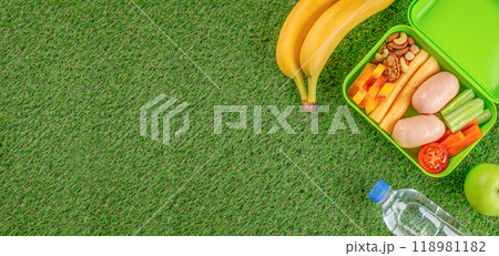 school lunch box breakfast and a snack for school. Concept healthy food for schoolchild 118981182