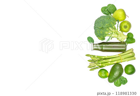 Green smoothie in bottle with green vegetables isolated on white background. top view. diet concept 118981330