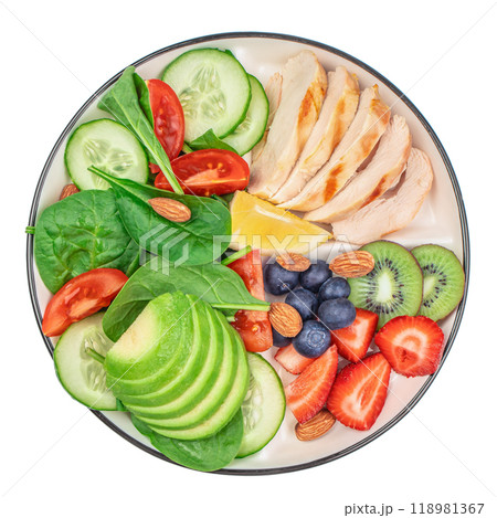 Plate of healthy food chicken fillet, avocado and salad. Complex of proteins, fats and carbohydrates isolated on white background. top view 118981367