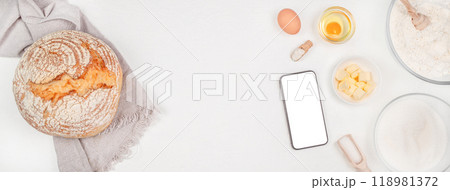 Baking Cooking Ingredients Flour mobile phone gadget smartphone fresh baked bread Baking Cooking Ingredients Flour mobile phone gadget smartphone fresh baked bread 118981372