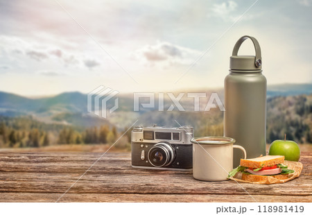 picnic snacks in mountains travel vacations camping outdoor, hiking, trekking tourism concept picnic snacks in mountains travel vacations camping outdoor, hiking, trekking tourism concept 118981419