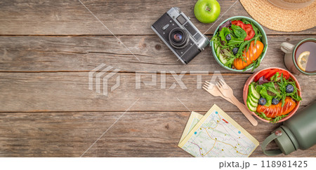 picnic snacks Healthy lunch box, food for the trip, snacks outside the tent at campsite, activity, camping, hiking, tourism concept picnic snacks Healthy lunch box, food for the trip, snacks outside the tent at campsite, activity, camping, hiking, tourism concept 118981425