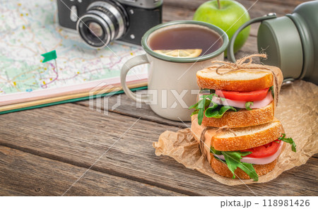 healthy snack of tourists, food for the trip, Eco food, camping, tourism and travel concept tourist equipment for traveling 118981426