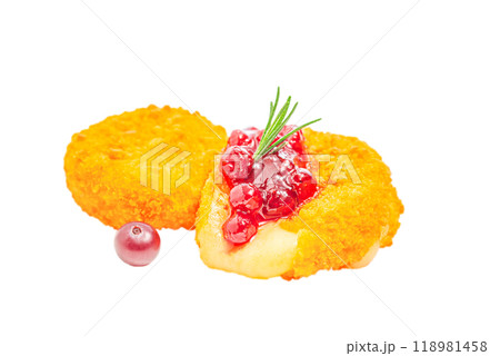 Fried camembert or brie cheese with cranberry jam isolated on white background Fried camembert or brie cheese with cranberry jam isolated on white background 118981458