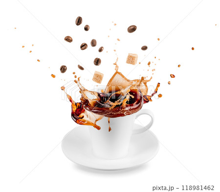 coffee cup splash. coffee beans splashing from cup of coffee isolated on white coffee cup splash. coffee beans splashing from cup of coffee isolated on white 118981462