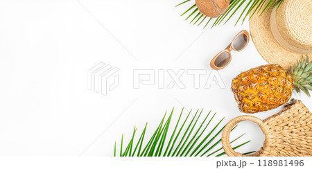 Summer tropical background with beach accessories. summer holiday by the sea concept. 118981496