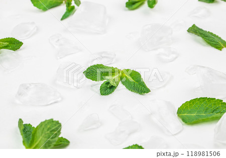 fresh mint in ice cubes. Refreshing drink ingredients. Summer background 118981506