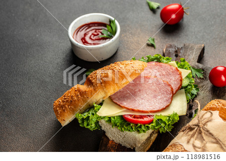 Fresh salami, tomato, lettuce and cheese sandwich. Delicious breakfast or snack. top view. copy space Fresh salami, tomato, lettuce and cheese sandwich. Delicious breakfast or snack. top view. copy space 118981516