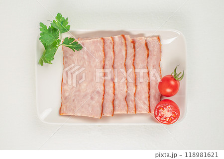 Sliced Beef Ham snack pork meat on plate on white background Sliced Beef Ham snack pork meat on plate on white background 118981621