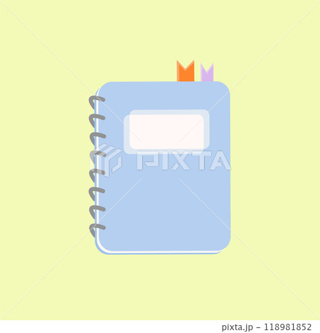 School or work spiral notebook. Blue personal organizer isolated on yellow background. 118981852