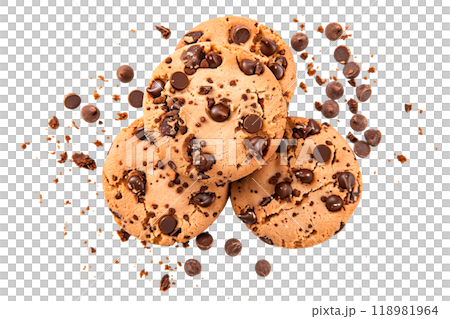 Pile of chocolate chip cookies isolated on a transparent background. Crunchy cookies, concept of sweets, baking, and snacks. 118981964