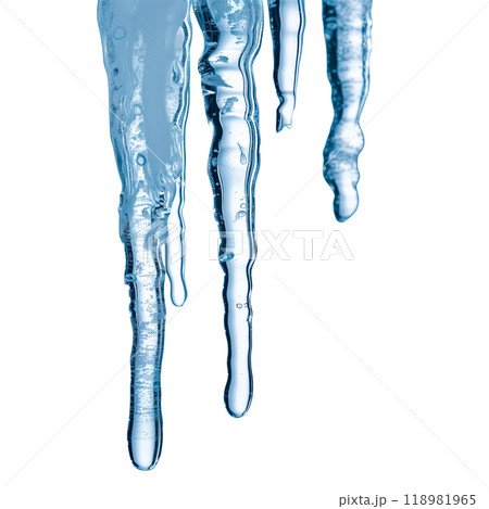 Transparent icicles hanging from a surface, isolated on a transparent background. Symbolizes winter, cold, and frozen water. Perfect for winter projects, decorations, and seasonal imagery. 118981965