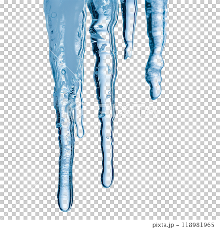 Transparent icicles hanging from a surface, isolated on a transparent background. Symbolizes winter, cold, and frozen water. Perfect for winter projects, decorations, and seasonal imagery. 118981965