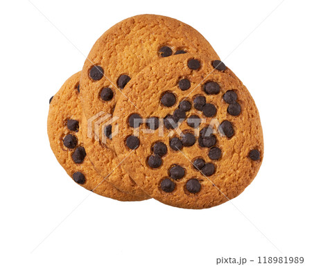 Stack of round chocolate chip cookies isolated on white background, top view. Stack of round chocolate chip cookies isolated on white background, top view. 118981989