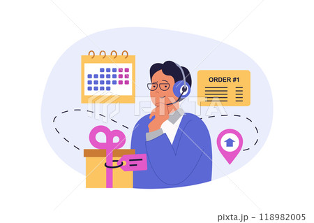 Delivery concept in modern flat design for web. Man in headset working as operator in logistic company, gets online order with gift shipping, planning date and location point. Vector illustration. 118982005