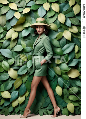 Stylish young woman or adult girl in vintage retro style hat and coat against green leaves background 118982009