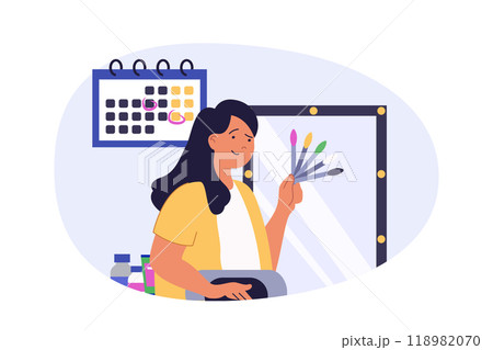 Beauty salon concept in modern flat design for web. Professional manicure master choosing nail polish samples with different colors, waiting client visits in studio with mirror. Vector illustration. 118982070