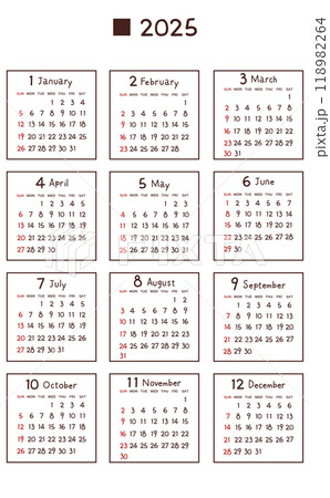 2025年の年間カレンダー　日曜日始まり 118982264