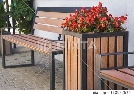 Street rectangular flower vase. benches for rest, wooden inserts Street rectangular flower vase. benches for rest, wooden inserts 118982626