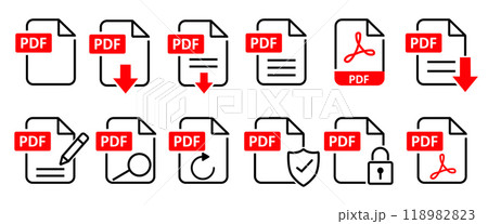 PDF file format icons set. Format information, Document text, Pdf file download, PDF Security for document protecton 118982823