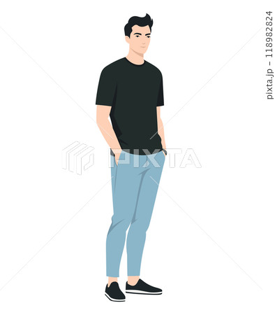 Vector illustration of a man. For a minimalist look, team a black t-shirt with light blue pants for an easy, casual look. 118982824