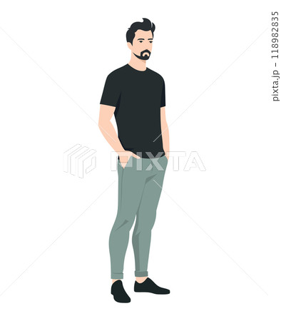 Vector illustration of a man. A simple casual look with a black t-shirt and light olive trousers for comfort. 118982835