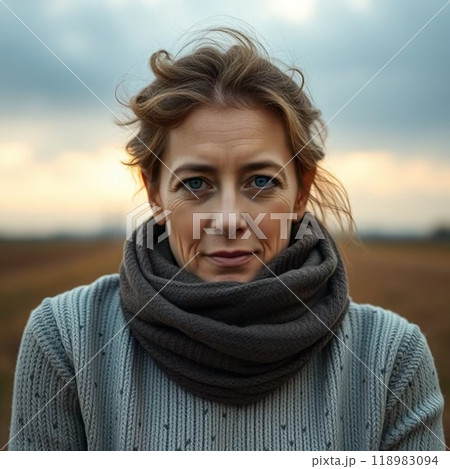 寒空の下で一人たたずむ不安そうな女性の写真 118983094