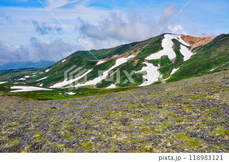 北海道　大雪山縦走　中岳への登山道から望む旭岳 118983121