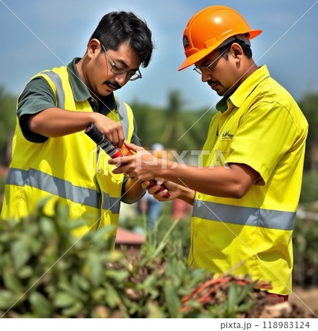 屋外で仕事内容を確認し合う二人の男性 屋外で仕事内容を確認し合う二人の男性 118983124