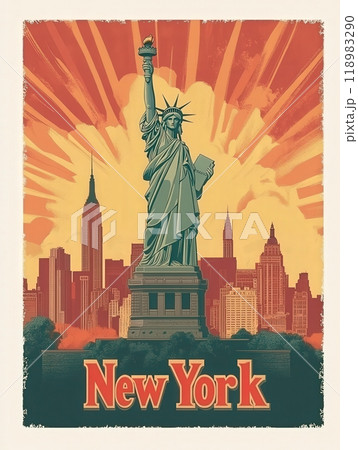 This vintage travel poster captures the essence of New York, highlighting the Statue of Liberty against a dramatic skyline and colorful backdrop, inviting all to discover its charm. 118983290