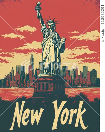 The artwork captures the Statue of Liberty against a vibrant red and yellow background, highlighting the New York skyline at twilight. A tribute to travel and exploration. 118983291