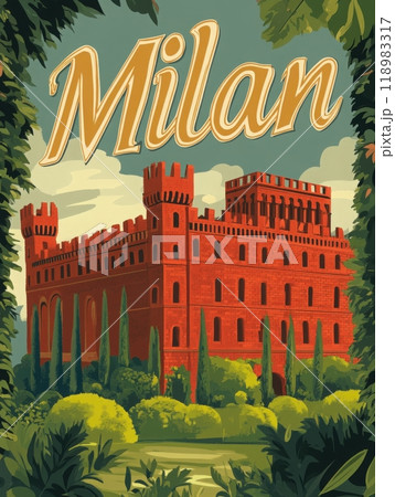 This retro travel poster highlights Milans stunning architecture, featuring a grand red castle set against a backdrop of vibrant foliage. The design evokes a sense of wanderlust and adventure. 118983317