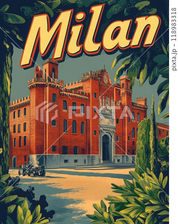 This retro travel poster captures a stunning view of Milans iconic architecture framed by vibrant foliage and scenic surroundings, inviting adventure and exploration. 118983318