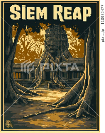 Experience the allure of Siem Reap, highlighting its majestic ancient temples embraced by nature. The scene captures historical architecture blending with lush vegetation. 118983477