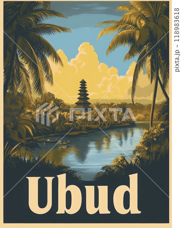 Experience the tranquil charm of Ubud, where lush palm trees frame a picturesque river leading to a traditional temple amidst stunning nature. 118983618