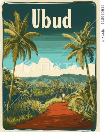 Experience the serene beauty of Ubuds greenery, where travelers stroll along winding paths surrounded by tropical palms and stunning mountains, capturing the essence of Balis rich culture. 118983619